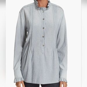 Womens La Vie Ruffled Blue Pin Stripe Shirt